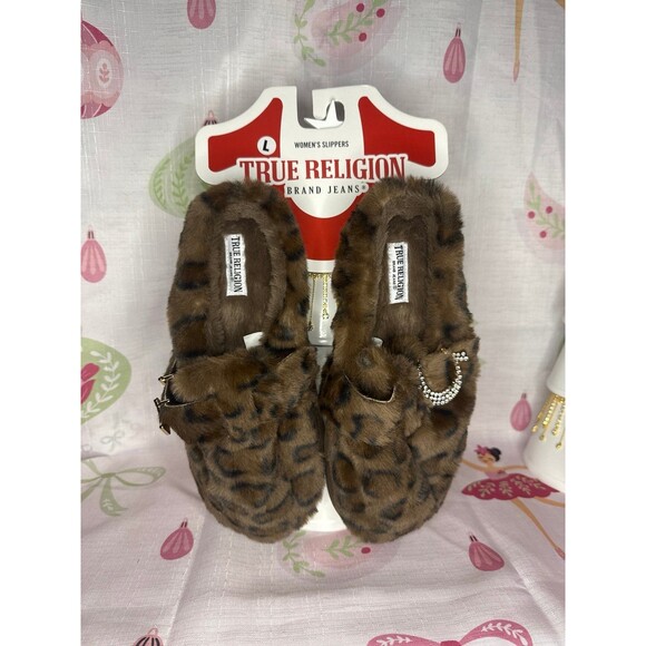 True Religion LEOPARD Slippers with Rhinestone Horseshoe, L 8/9 - Picture 1 of 6